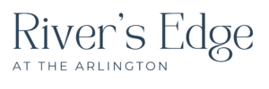 Logo of river's edge at the Arlington for weddings with stylized text on a dark background.